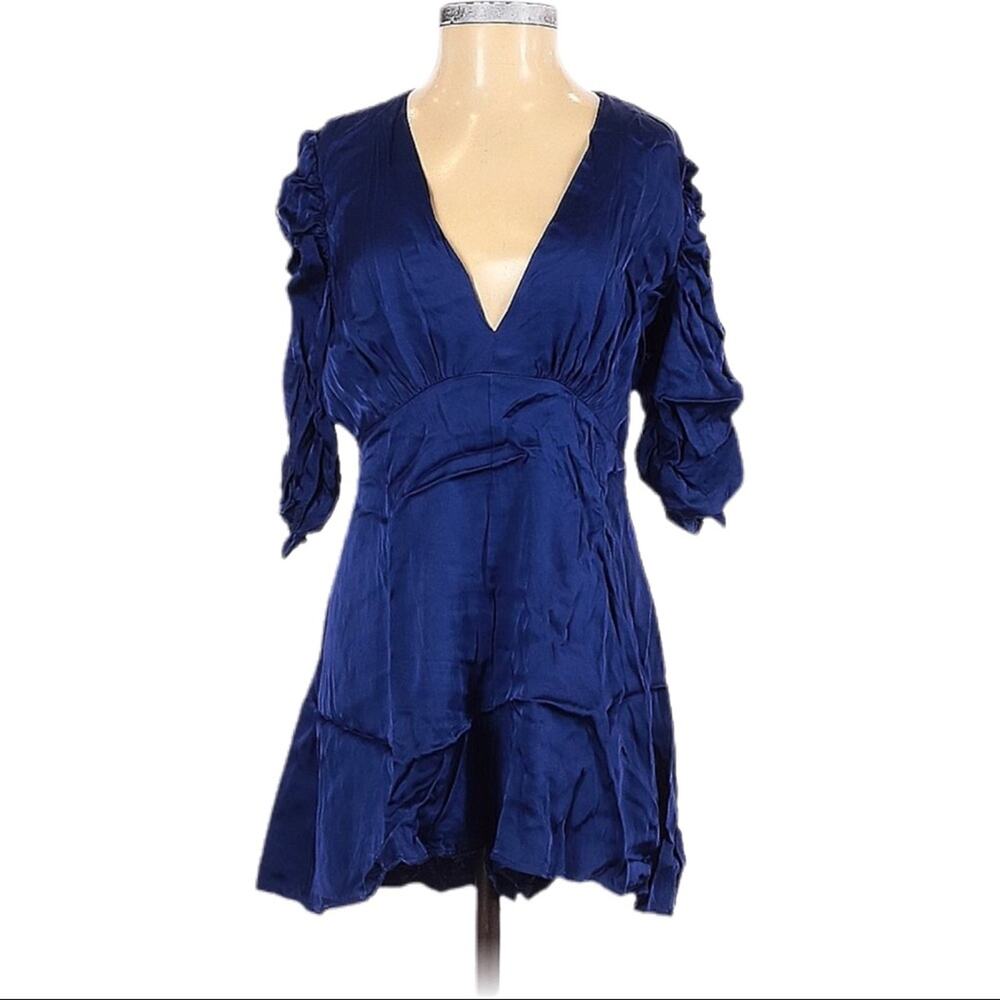 Zara Plunge Neck Ruched 3/4 Sleeve Romper Women’s Size Small Blue